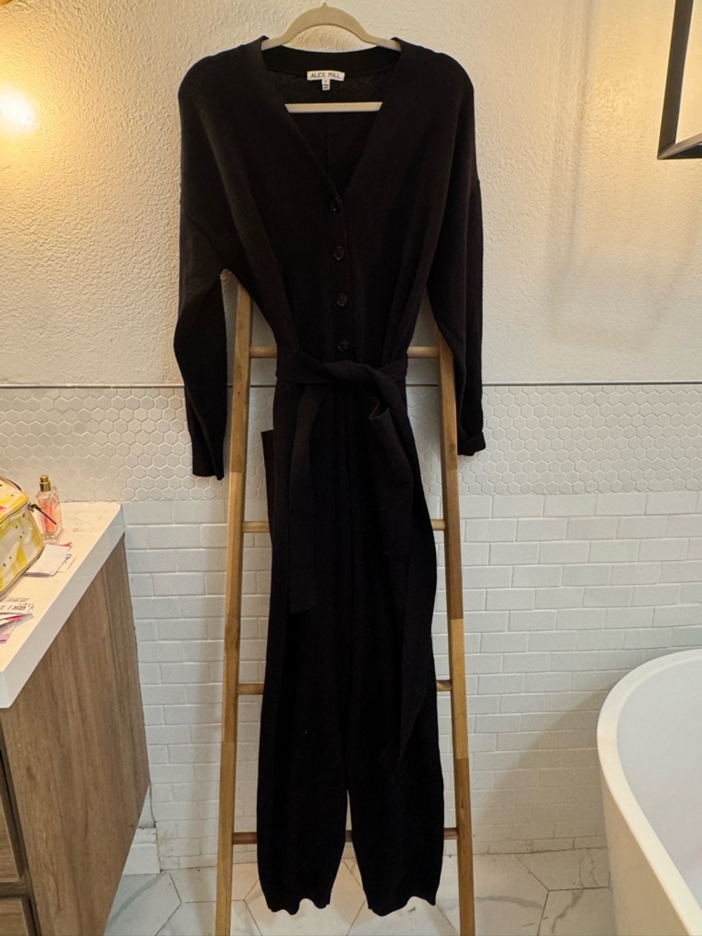 Alex Mill Merino Wool Cotton Blend Black Knit Jumpsuit with Tie Waist - Picture 7 of 13